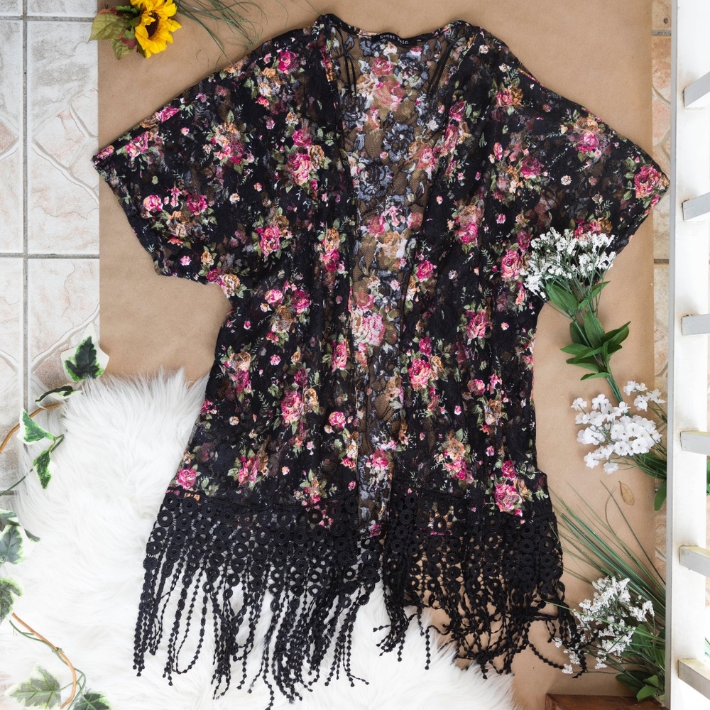 Black Floral Lace Crochet Kimono